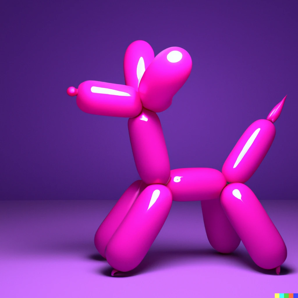 3D render of a pink balloon dog in a violet room